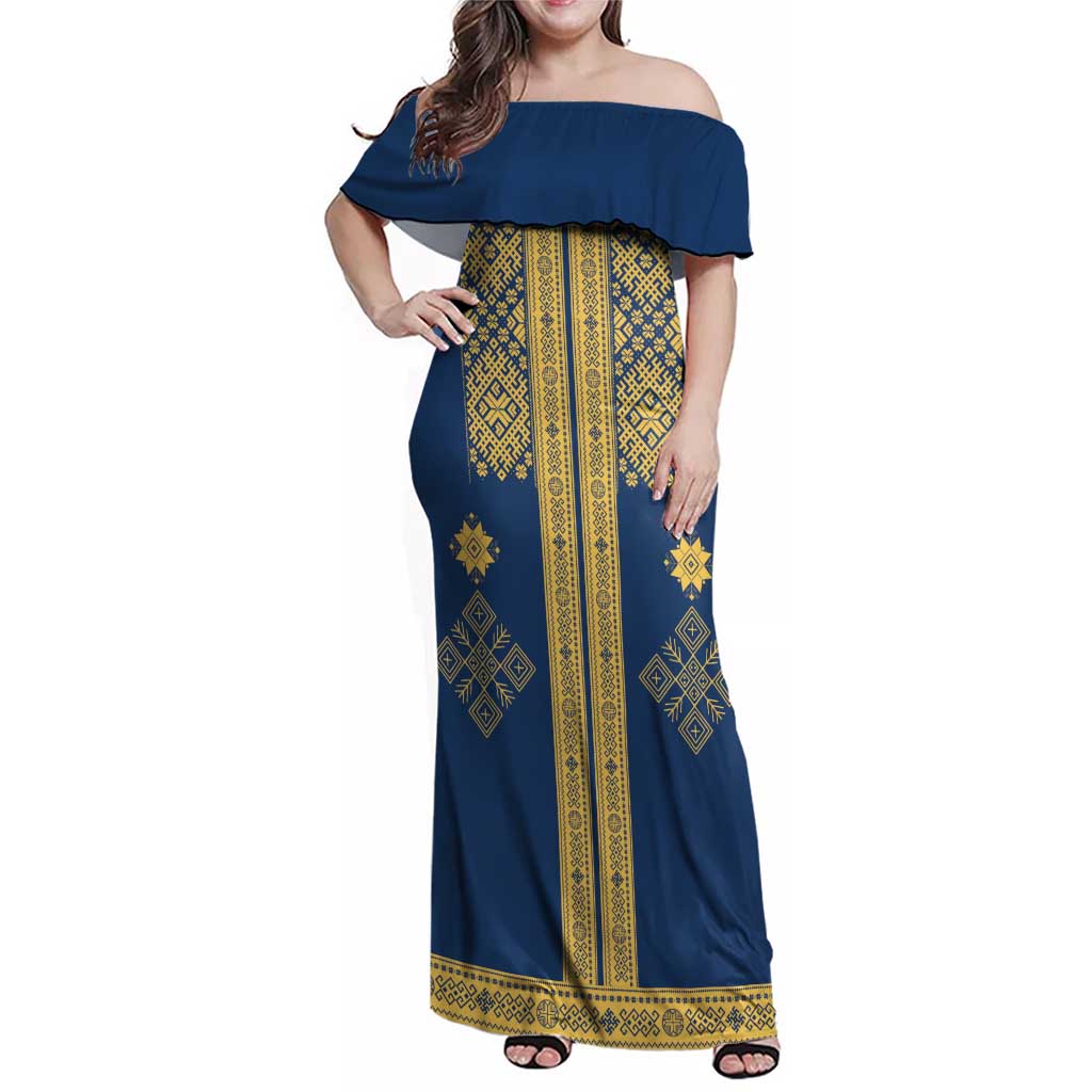 Latvia Jani Midsummer Family Matching Off Shoulder Maxi Dress and Hawaiian Shirt Blue Gold Latvijas Auseklis