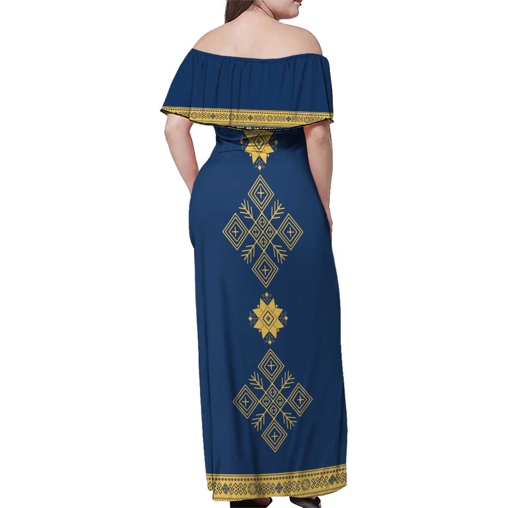 Latvia Jani Midsummer Family Matching Off Shoulder Maxi Dress and Hawaiian Shirt Blue Gold Latvijas Auseklis
