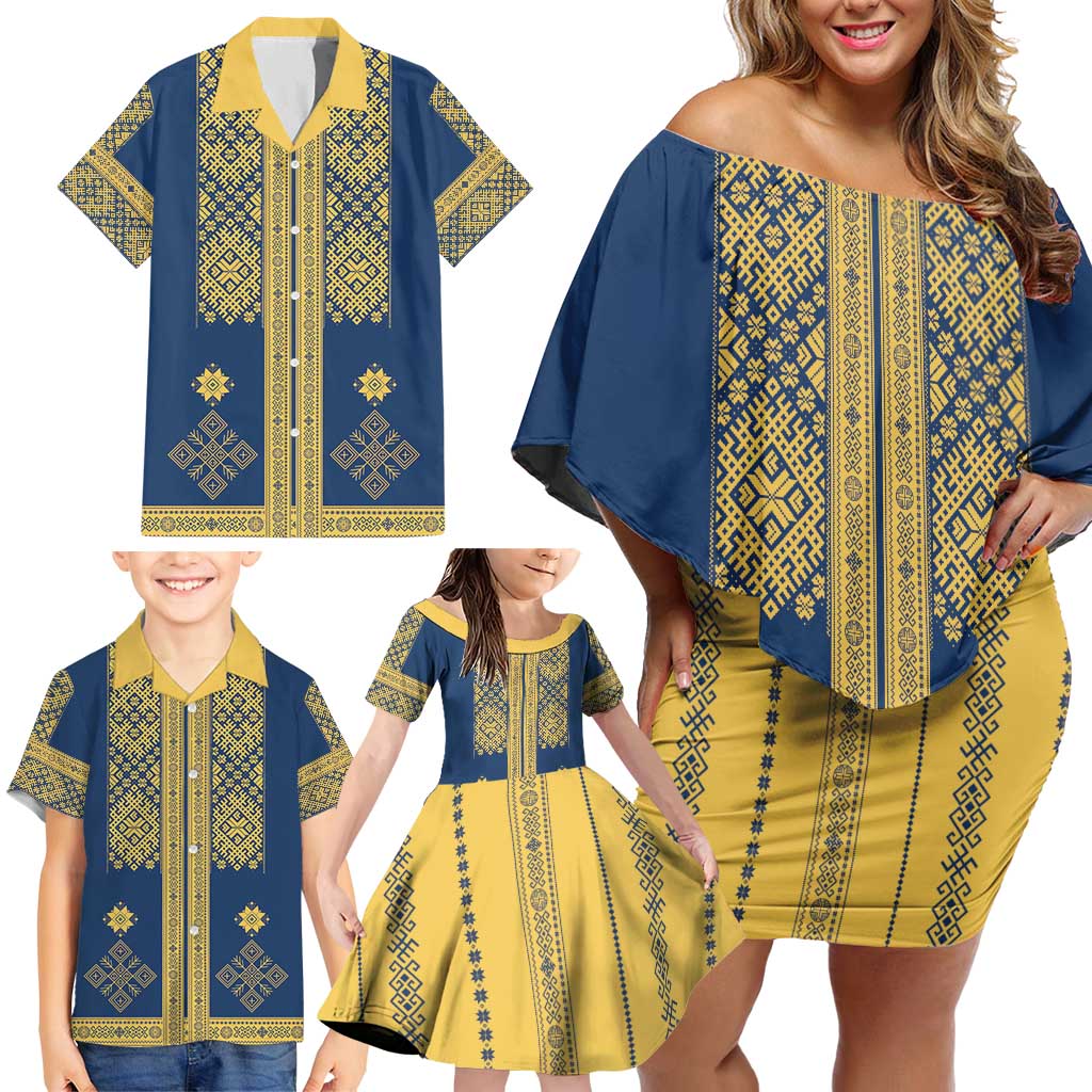 Latvia Jani Midsummer Family Matching Off Shoulder Short Dress and Hawaiian Shirt Blue Gold Latvijas Auseklis