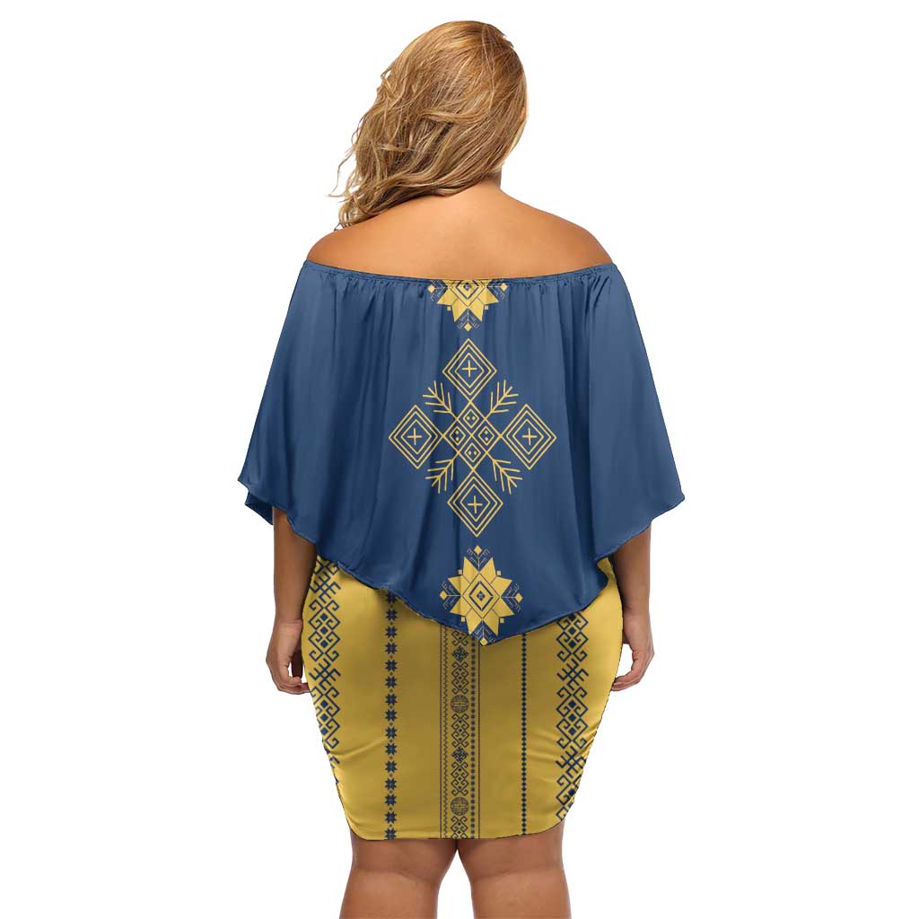 Latvia Jani Midsummer Family Matching Off Shoulder Short Dress and Hawaiian Shirt Blue Gold Latvijas Auseklis