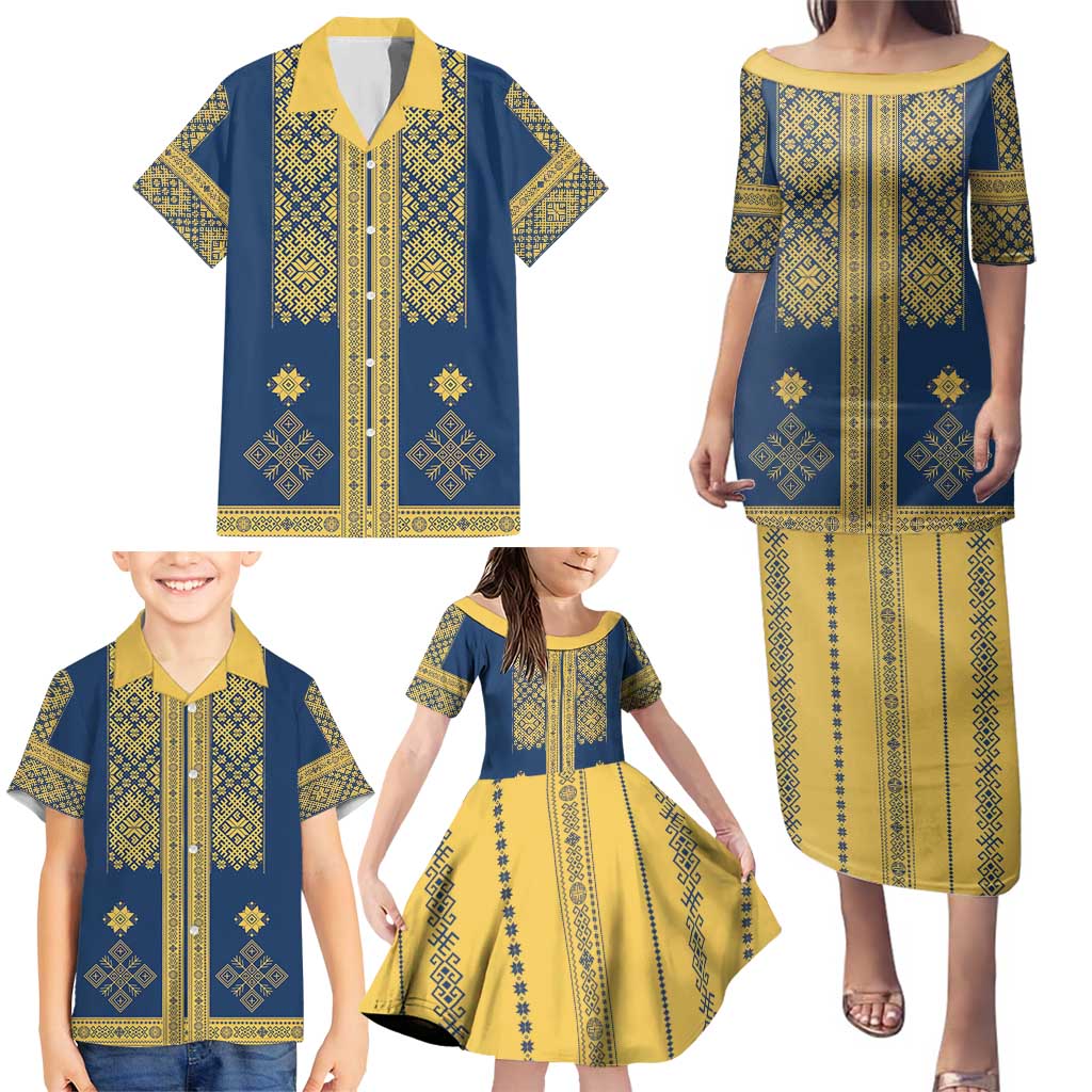 Latvia Jani Midsummer Family Matching Puletasi and Hawaiian Shirt Blue Gold Latvijas Auseklis