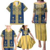 Latvia Jani Midsummer Family Matching Puletasi and Hawaiian Shirt Blue Gold Latvijas Auseklis