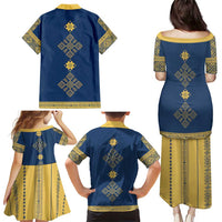 Latvia Jani Midsummer Family Matching Puletasi and Hawaiian Shirt Blue Gold Latvijas Auseklis