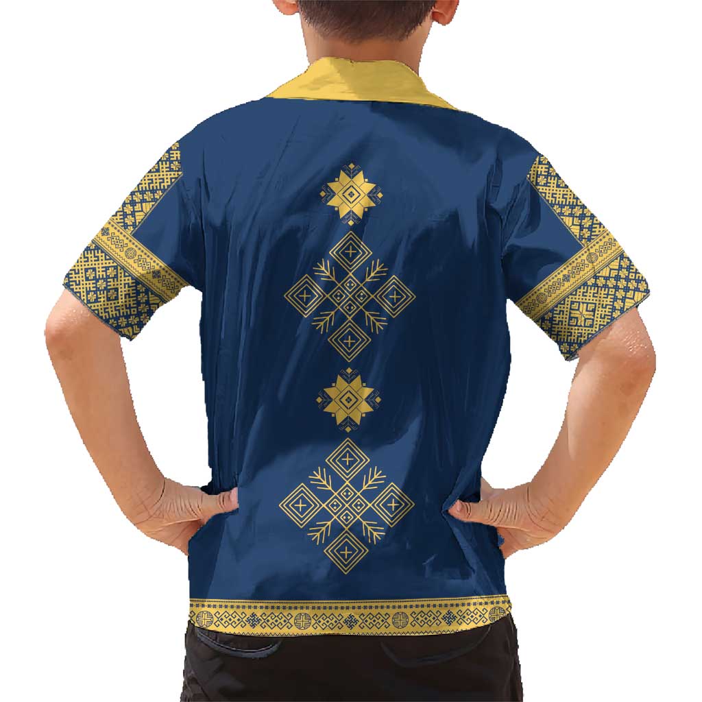 Latvia Jani Midsummer Family Matching Short Sleeve Bodycon Dress and Hawaiian Shirt Blue Gold Latvijas Auseklis