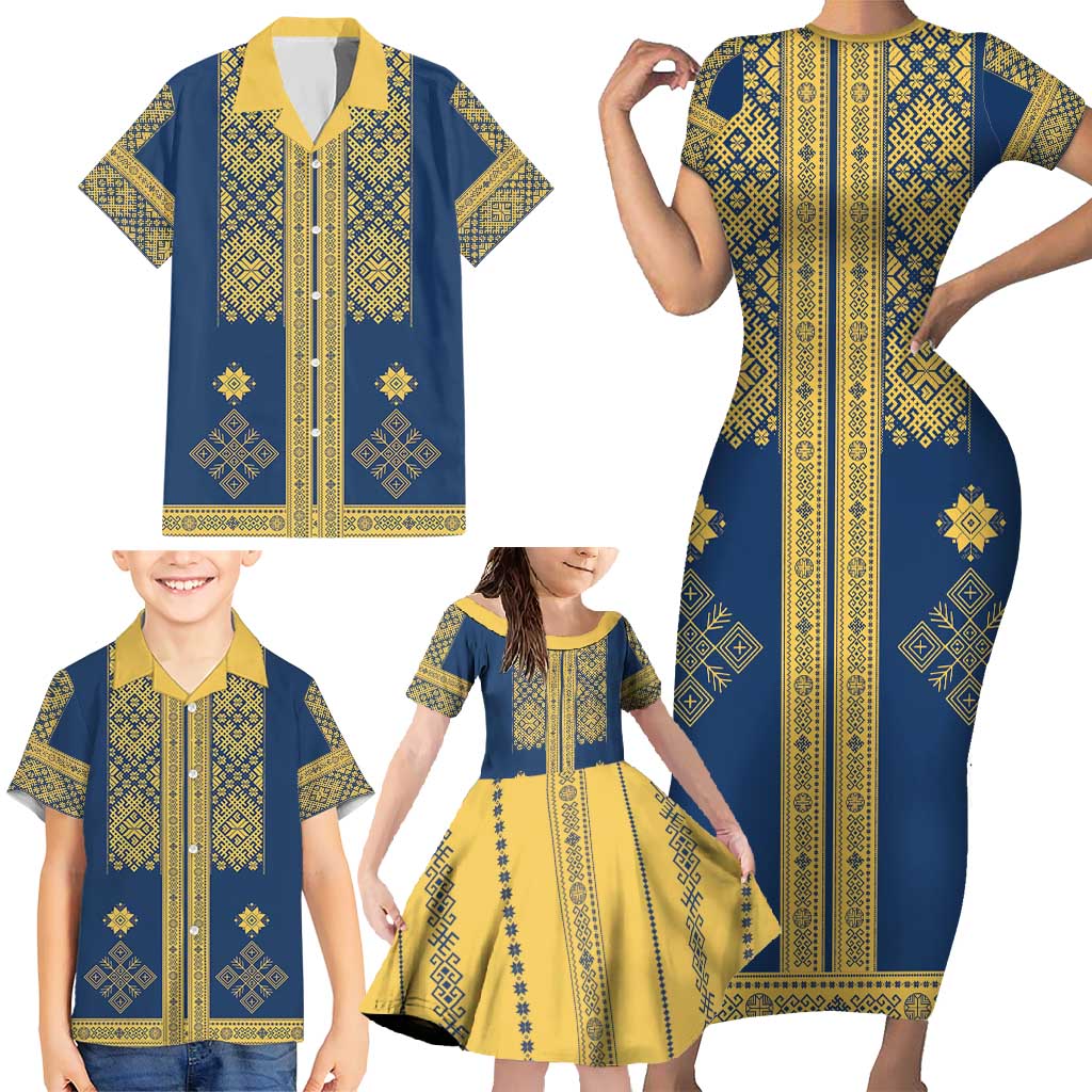 Latvia Jani Midsummer Family Matching Short Sleeve Bodycon Dress and Hawaiian Shirt Blue Gold Latvijas Auseklis