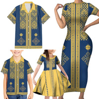 Latvia Jani Midsummer Family Matching Short Sleeve Bodycon Dress and Hawaiian Shirt Blue Gold Latvijas Auseklis