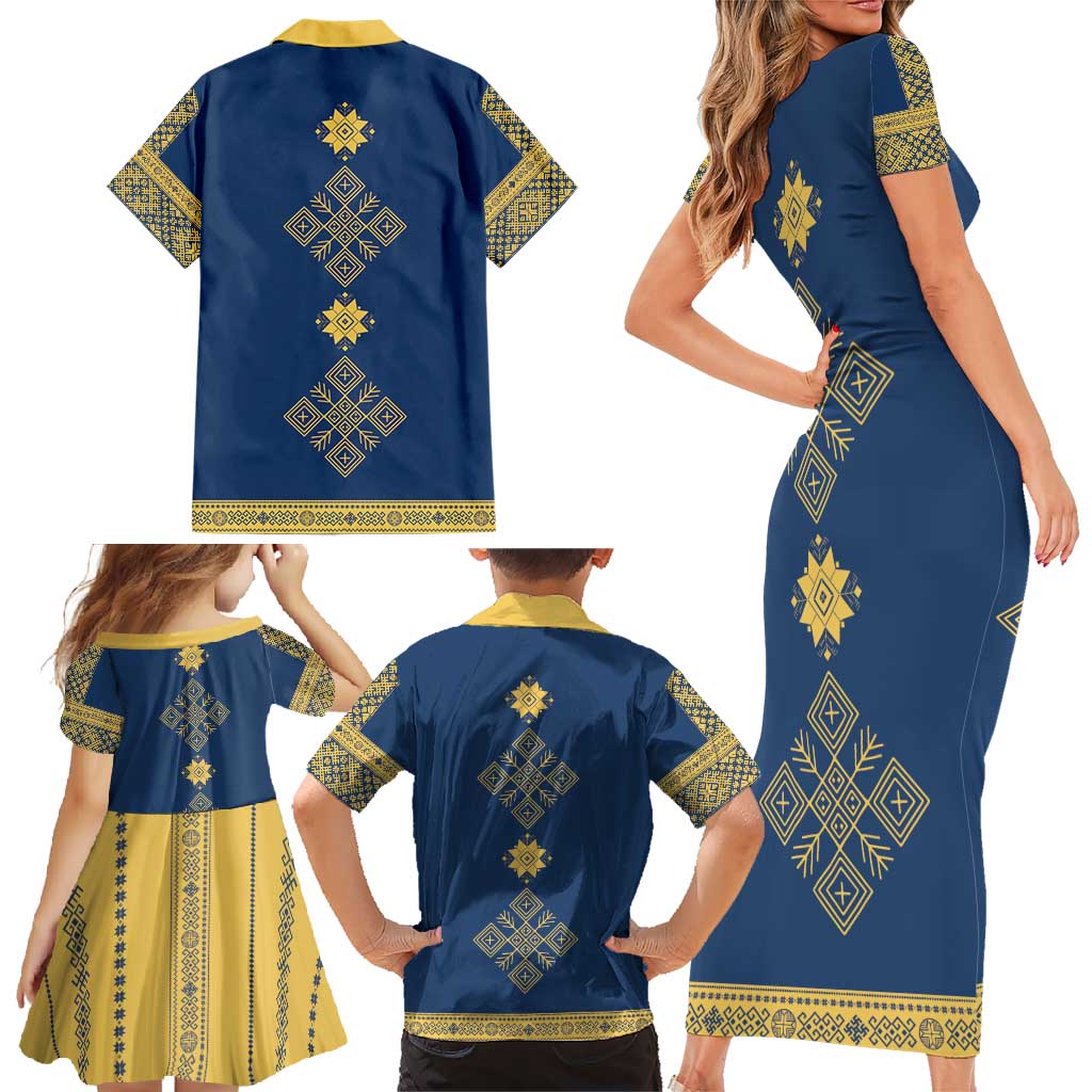 Latvia Jani Midsummer Family Matching Short Sleeve Bodycon Dress and Hawaiian Shirt Blue Gold Latvijas Auseklis