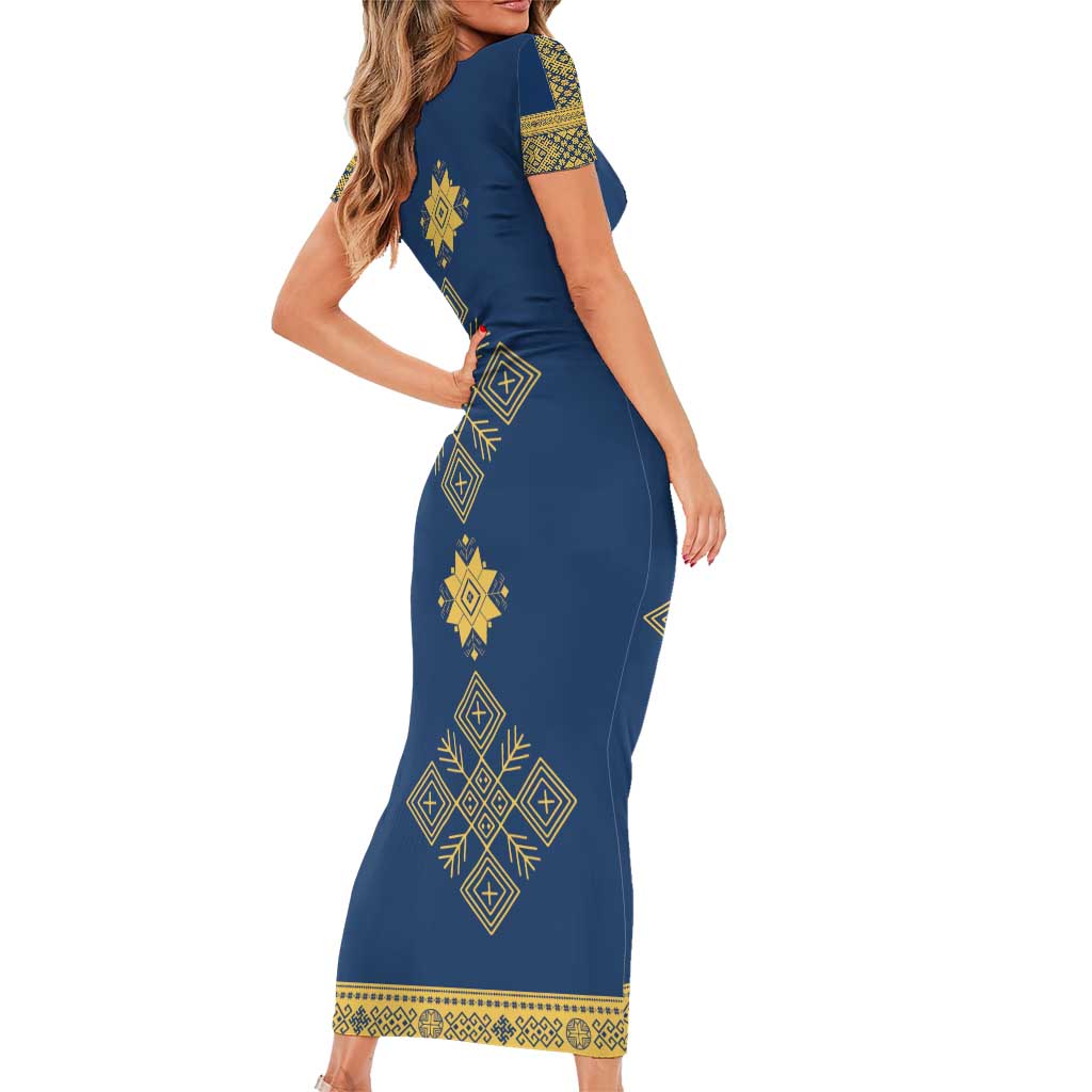 Latvia Jani Midsummer Family Matching Short Sleeve Bodycon Dress and Hawaiian Shirt Blue Gold Latvijas Auseklis