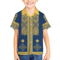 Latvia Jani Midsummer Family Matching Short Sleeve Bodycon Dress and Hawaiian Shirt Blue Gold Latvijas Auseklis