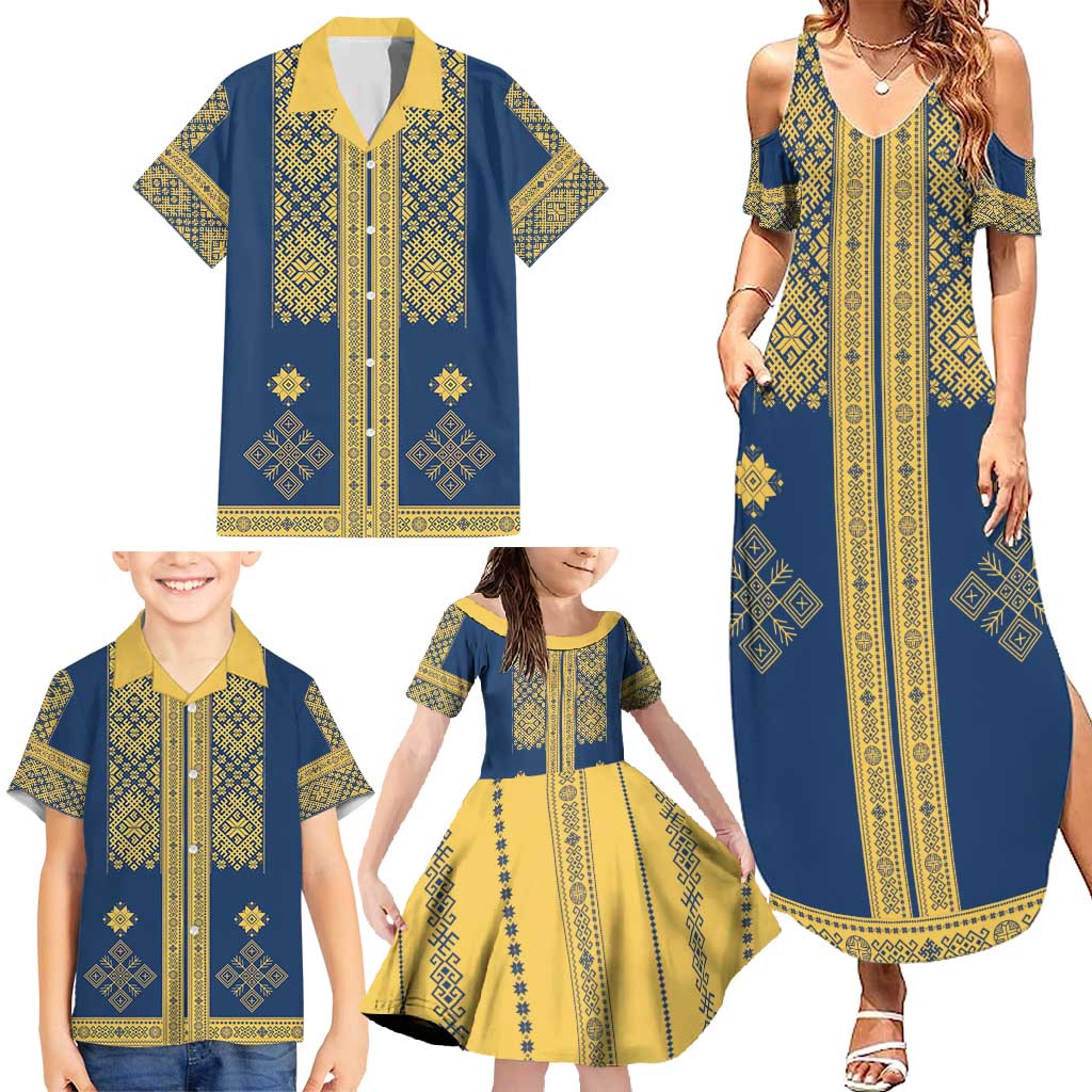 Latvia Jani Midsummer Family Matching Summer Maxi Dress and Hawaiian Shirt Blue Gold Latvijas Auseklis