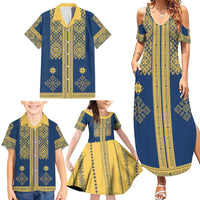Latvia Jani Midsummer Family Matching Summer Maxi Dress and Hawaiian Shirt Blue Gold Latvijas Auseklis