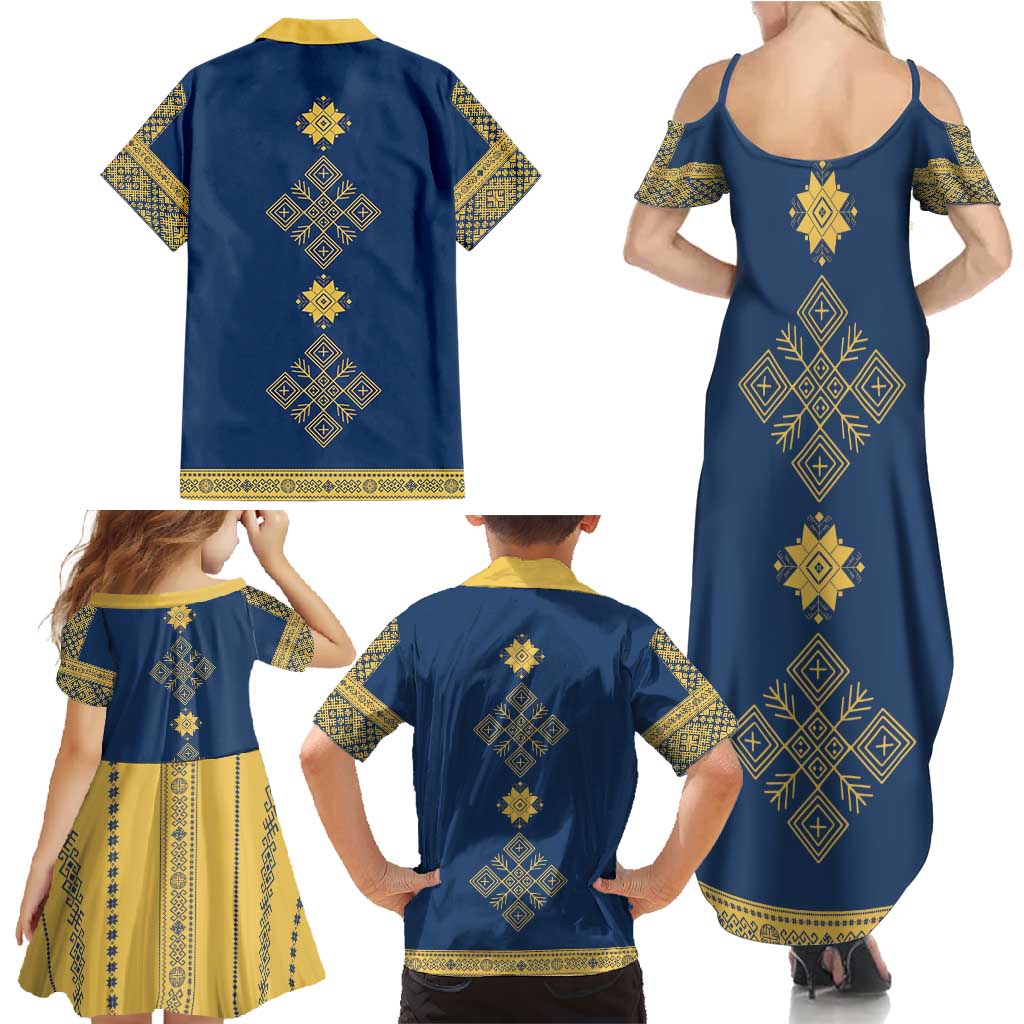 Latvia Jani Midsummer Family Matching Summer Maxi Dress and Hawaiian Shirt Blue Gold Latvijas Auseklis