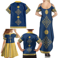 Latvia Jani Midsummer Family Matching Summer Maxi Dress and Hawaiian Shirt Blue Gold Latvijas Auseklis