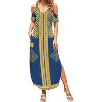 Latvia Jani Midsummer Family Matching Summer Maxi Dress and Hawaiian Shirt Blue Gold Latvijas Auseklis