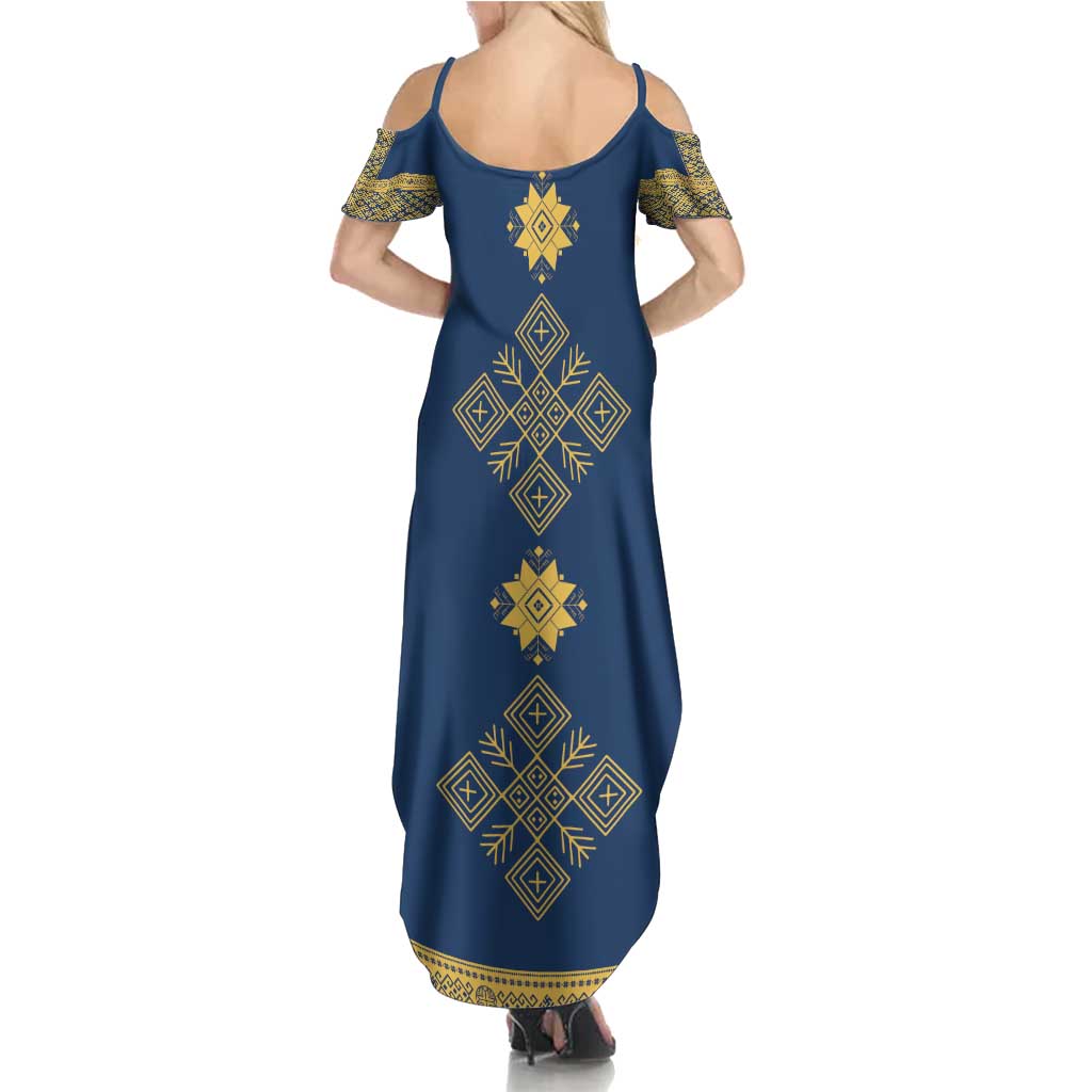 Latvia Jani Midsummer Family Matching Summer Maxi Dress and Hawaiian Shirt Blue Gold Latvijas Auseklis