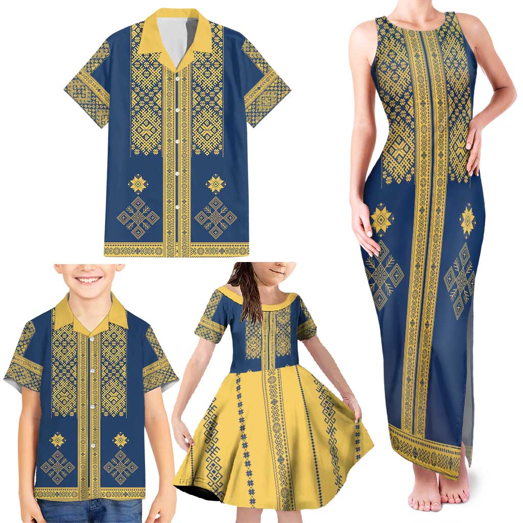 Latvia Jani Midsummer Family Matching Tank Maxi Dress and Hawaiian Shirt Blue Gold Latvijas Auseklis