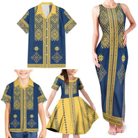Latvia Jani Midsummer Family Matching Tank Maxi Dress and Hawaiian Shirt Blue Gold Latvijas Auseklis