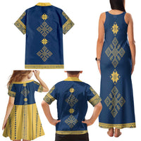 Latvia Jani Midsummer Family Matching Tank Maxi Dress and Hawaiian Shirt Blue Gold Latvijas Auseklis