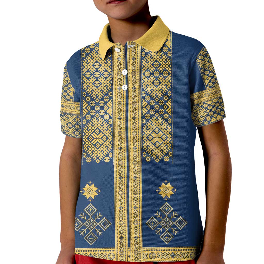 Latvia Jani Midsummer Kid Polo Shirt Blue Gold Latvijas Auseklis