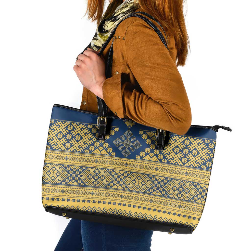 Latvia Jani Midsummer Leather Tote Bag Blue Gold Latvijas Auseklis