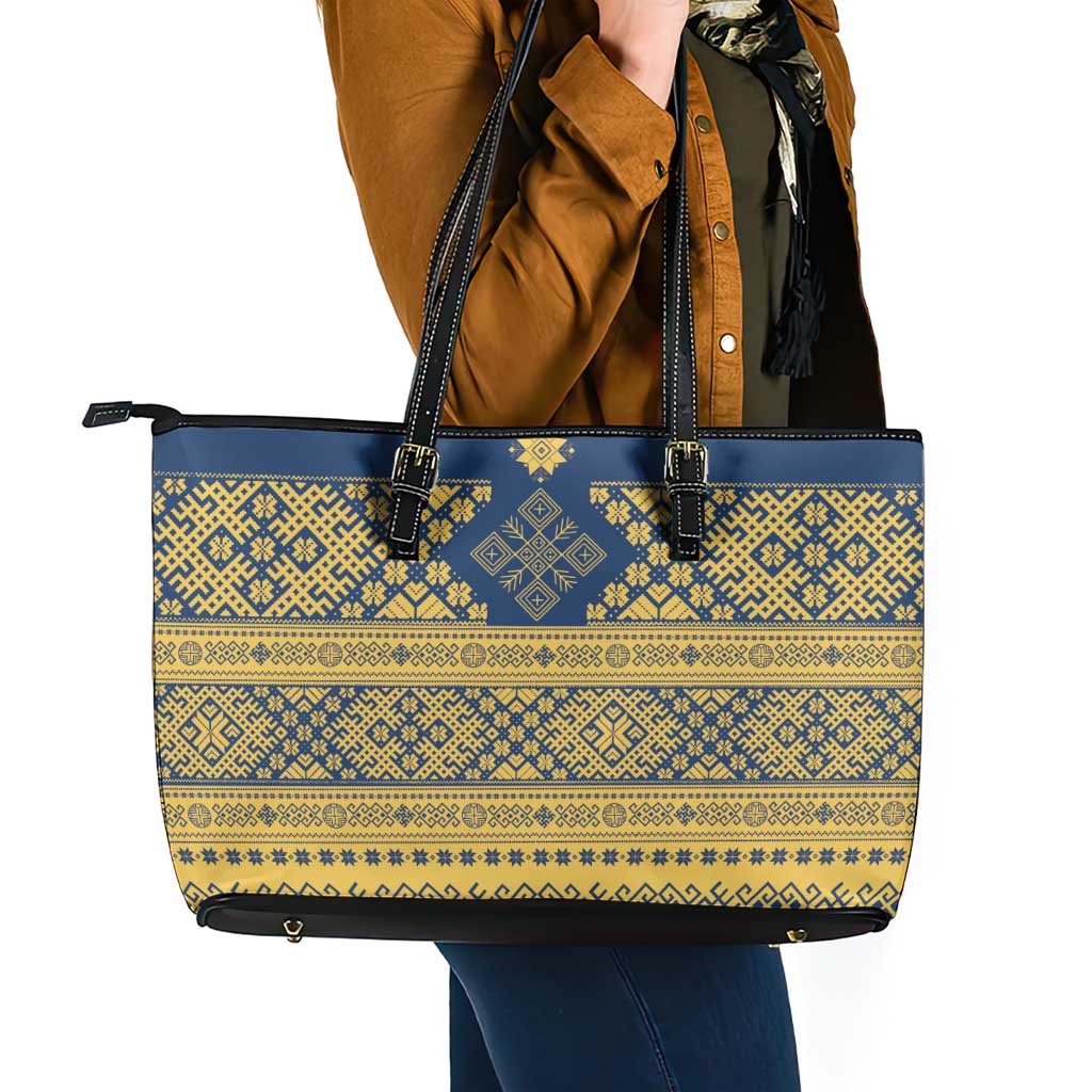 Latvia Jani Midsummer Leather Tote Bag Blue Gold Latvijas Auseklis