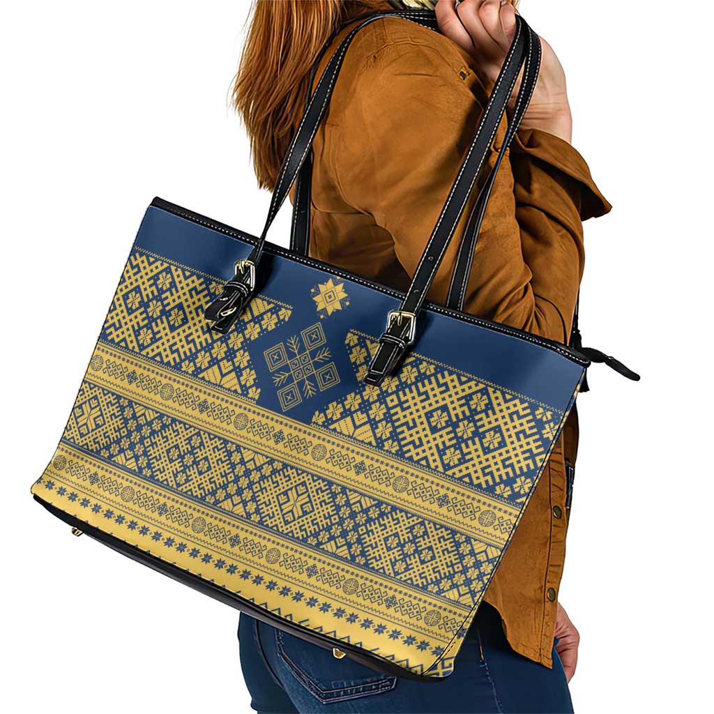 Latvia Jani Midsummer Leather Tote Bag Blue Gold Latvijas Auseklis