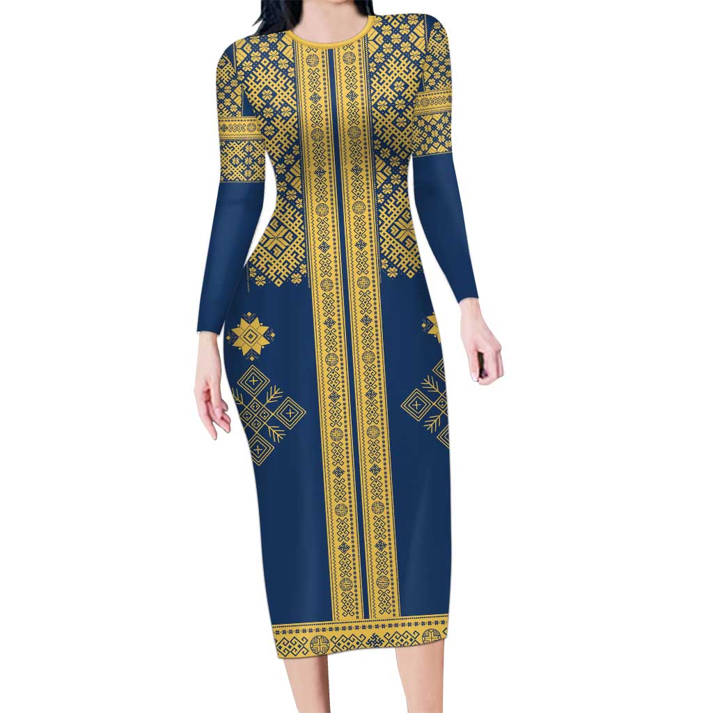 Latvia Jani Midsummer Long Sleeve Bodycon Dress Blue Gold Latvijas Auseklis