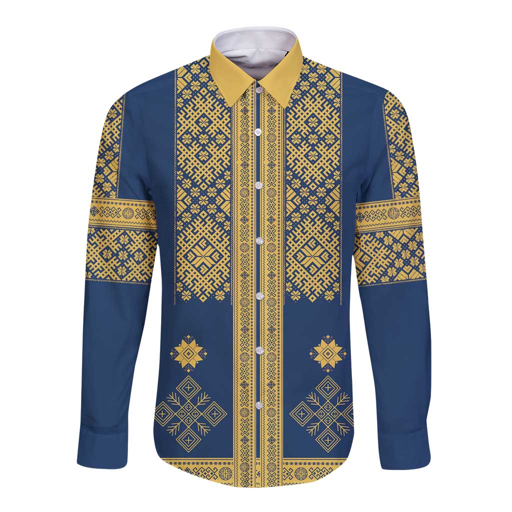 Latvia Jani Midsummer Long Sleeve Button Shirt Blue Gold Latvijas Auseklis