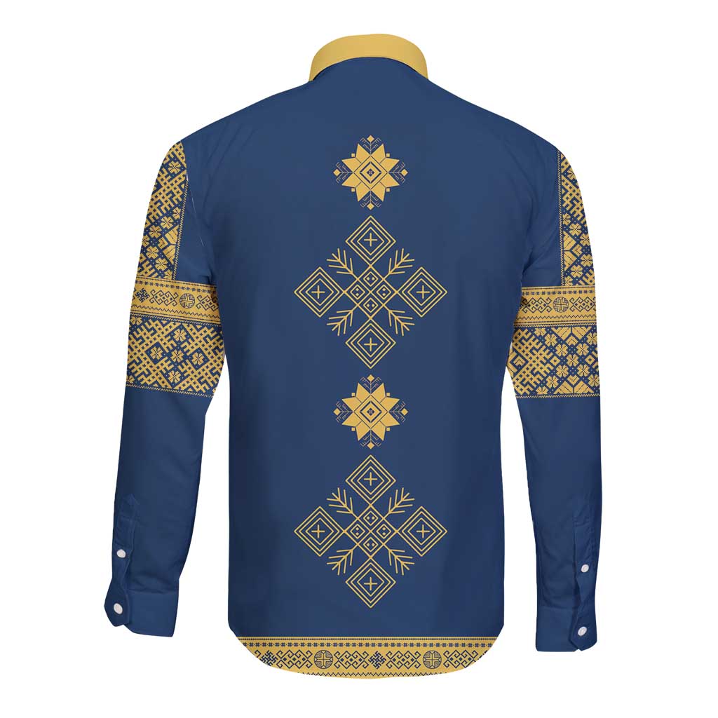 Latvia Jani Midsummer Long Sleeve Button Shirt Blue Gold Latvijas Auseklis