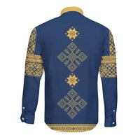 Latvia Jani Midsummer Long Sleeve Button Shirt Blue Gold Latvijas Auseklis