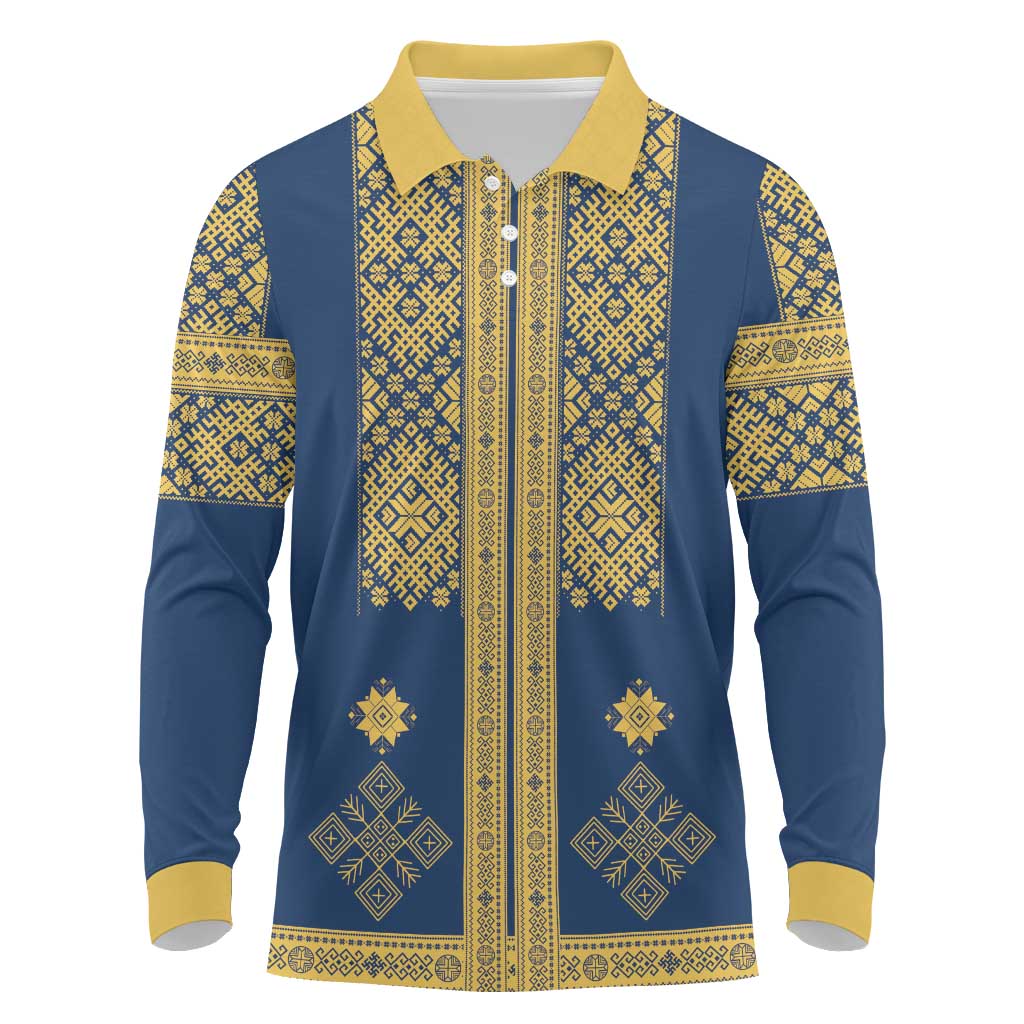 Latvia Jani Midsummer Long Sleeve Polo Shirt Blue Gold Latvijas Auseklis