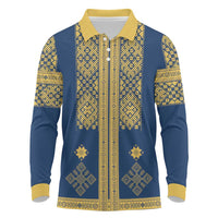 Latvia Jani Midsummer Long Sleeve Polo Shirt Blue Gold Latvijas Auseklis