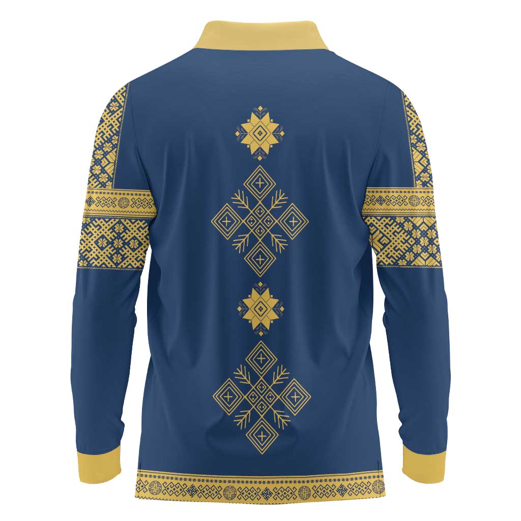 Latvia Jani Midsummer Long Sleeve Polo Shirt Blue Gold Latvijas Auseklis