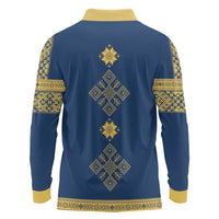 Latvia Jani Midsummer Long Sleeve Polo Shirt Blue Gold Latvijas Auseklis