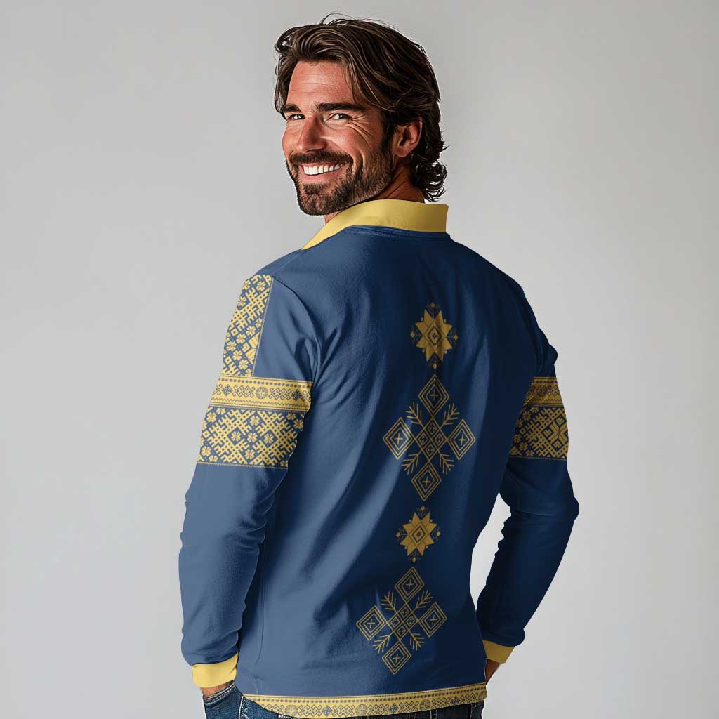 Latvia Jani Midsummer Long Sleeve Polo Shirt Blue Gold Latvijas Auseklis