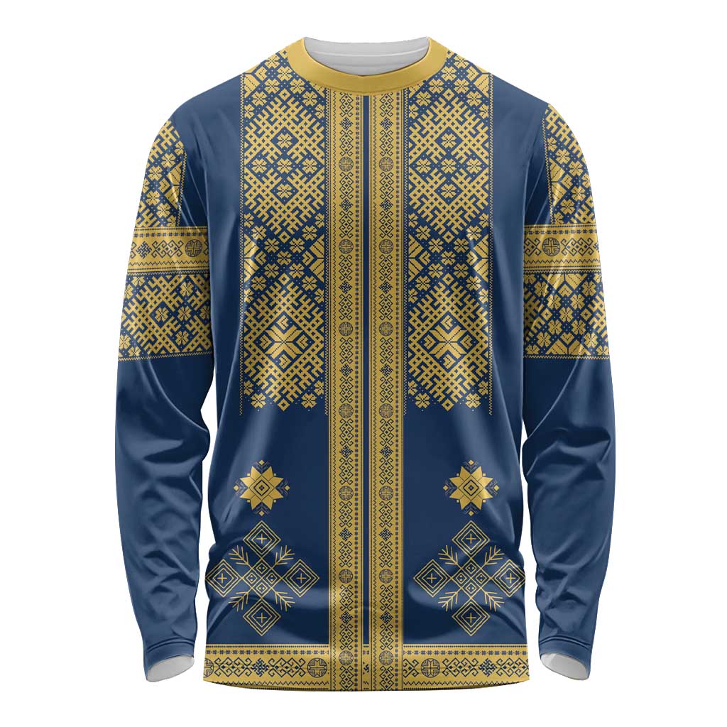 Latvia Jani Midsummer Long Sleeve Shirt Blue Gold Latvijas Auseklis