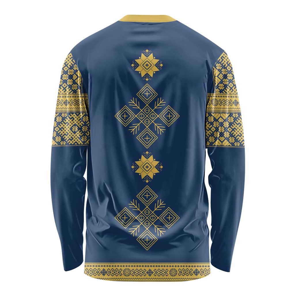 Latvia Jani Midsummer Long Sleeve Shirt Blue Gold Latvijas Auseklis