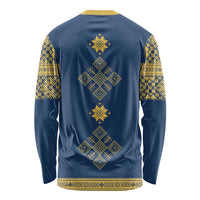 Latvia Jani Midsummer Long Sleeve Shirt Blue Gold Latvijas Auseklis
