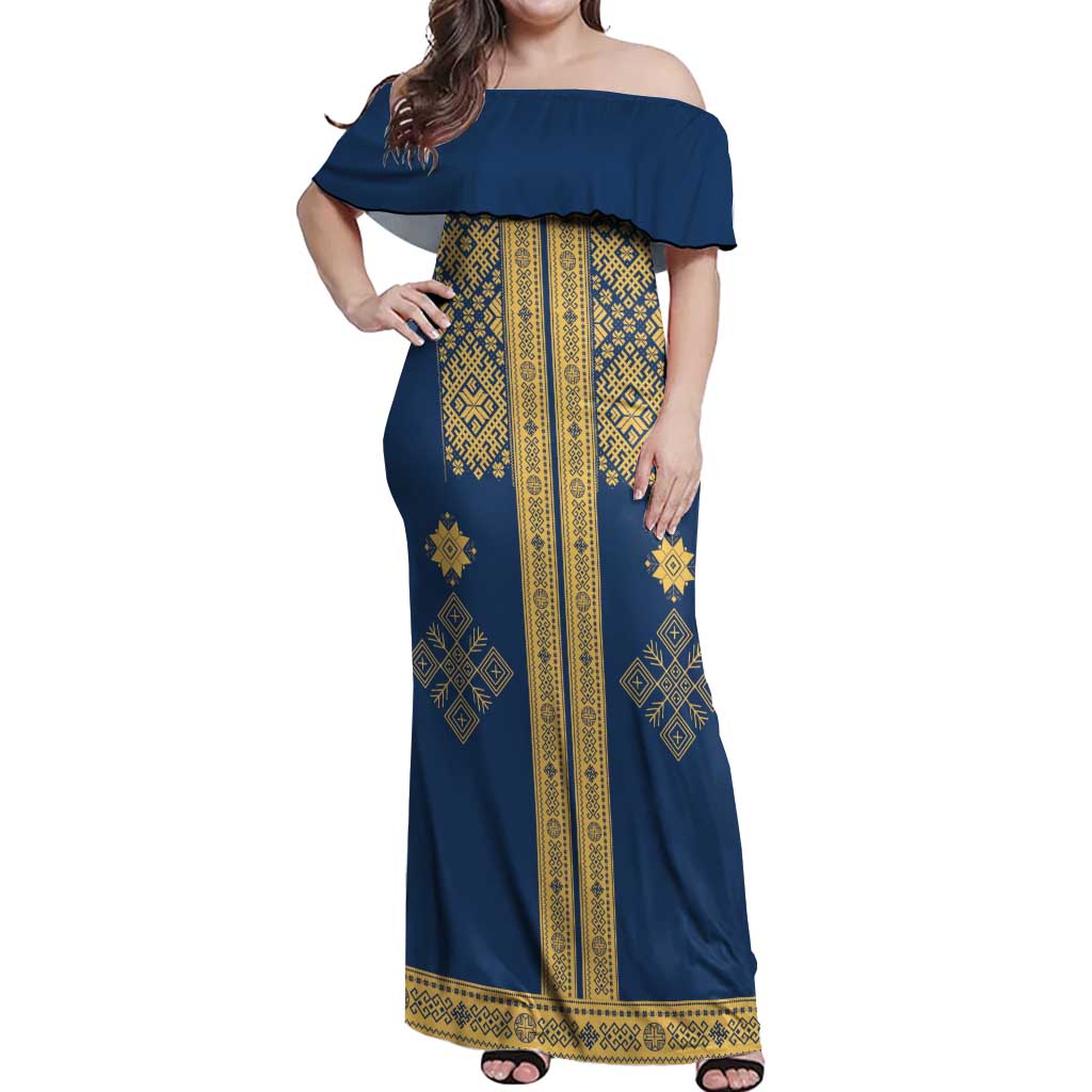 Latvia Jani Midsummer Off Shoulder Maxi Dress Blue Gold Latvijas Auseklis