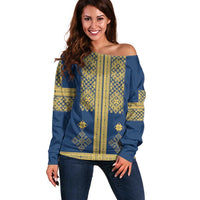 Latvia Jani Midsummer Off Shoulder Sweater Blue Gold Latvijas Auseklis