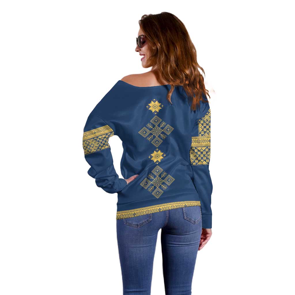 Latvia Jani Midsummer Off Shoulder Sweater Blue Gold Latvijas Auseklis