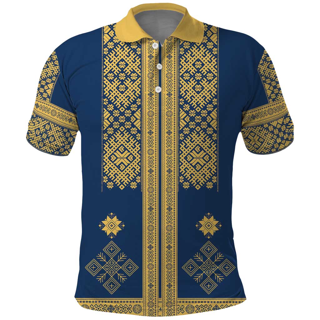 Latvia Jani Midsummer Polo Shirt Blue Gold Latvijas Auseklis