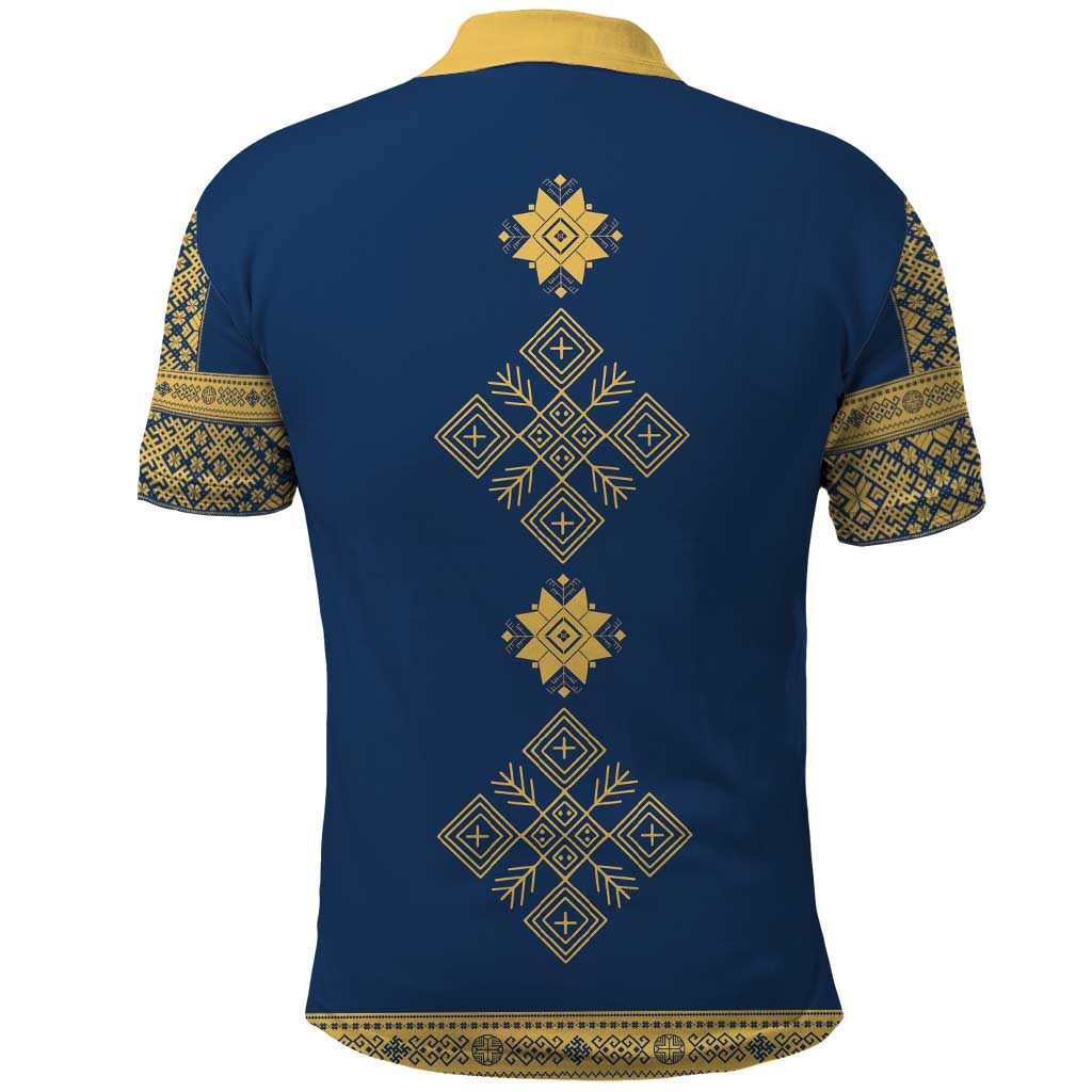 Latvia Jani Midsummer Polo Shirt Blue Gold Latvijas Auseklis