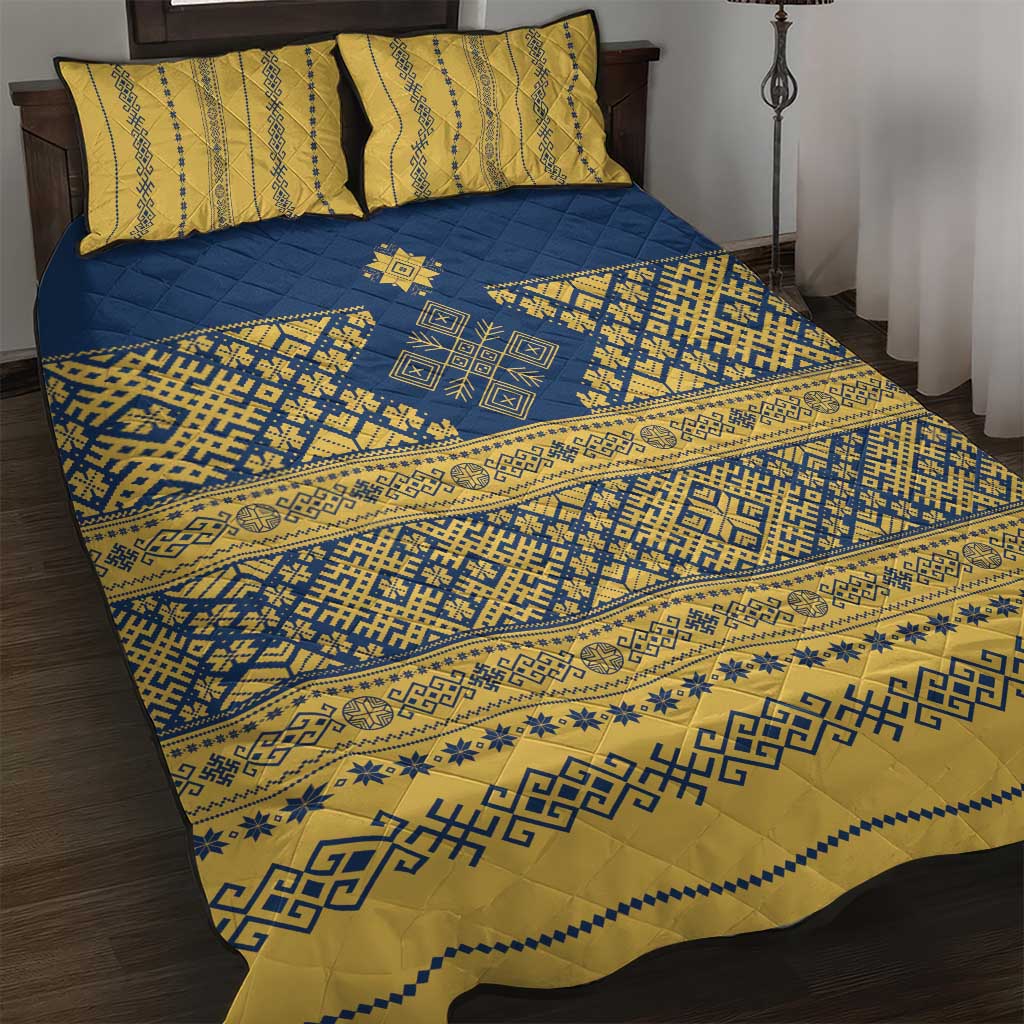 Latvia Jani Midsummer Quilt Bed Set Blue Gold Latvijas Auseklis