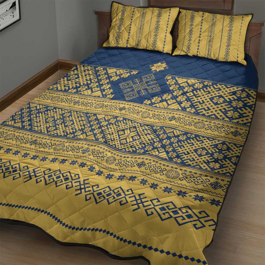 Latvia Jani Midsummer Quilt Bed Set Blue Gold Latvijas Auseklis