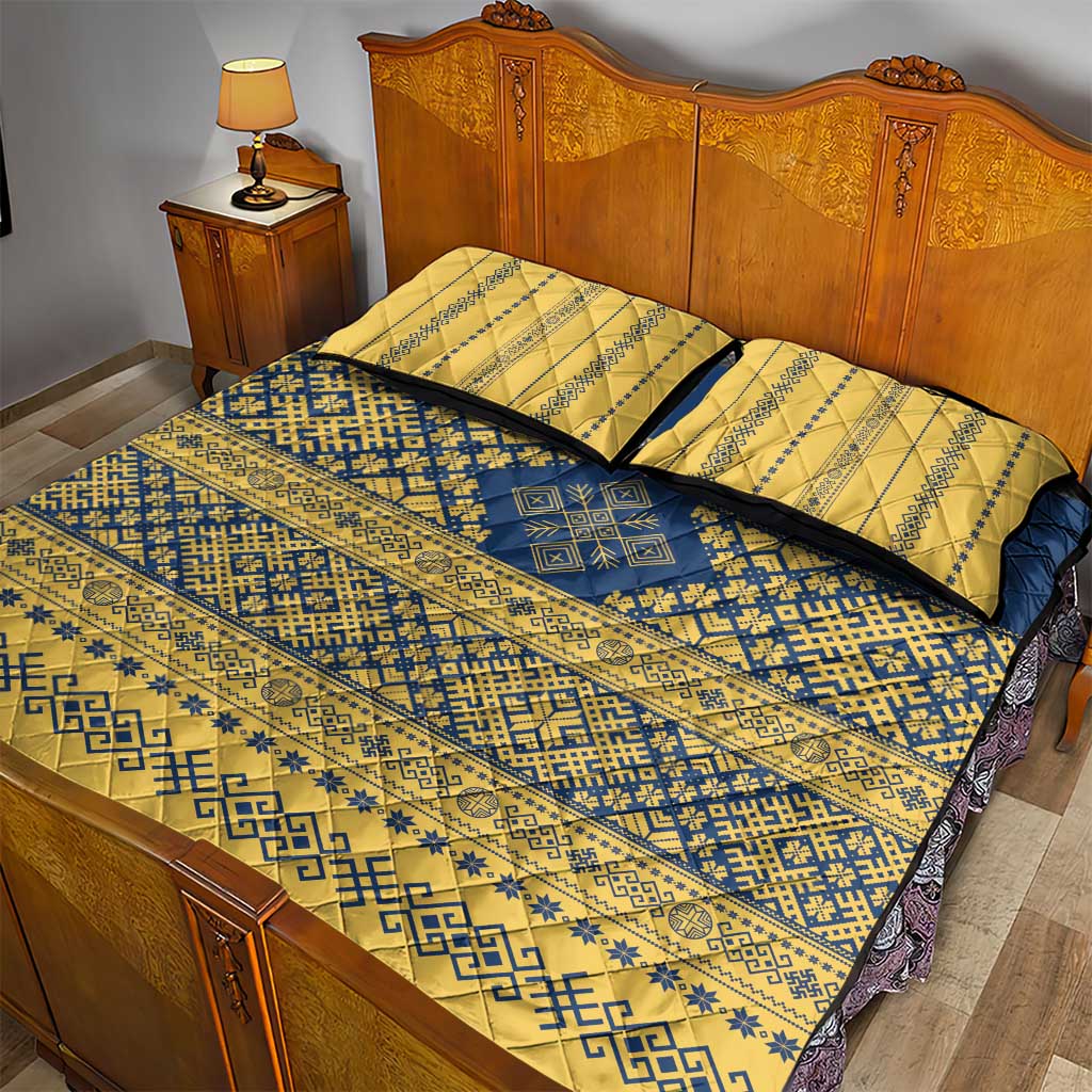 Latvia Jani Midsummer Quilt Bed Set Blue Gold Latvijas Auseklis