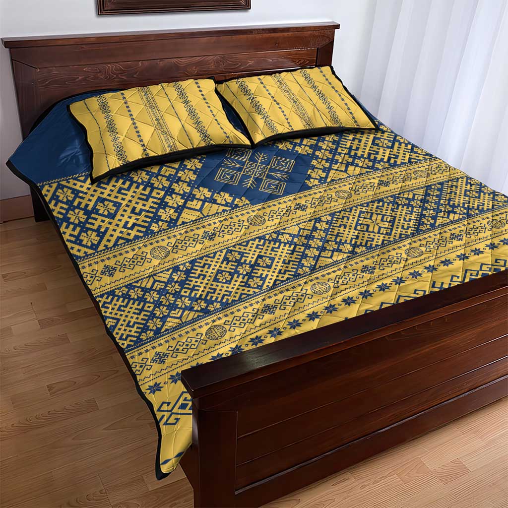 Latvia Jani Midsummer Quilt Bed Set Blue Gold Latvijas Auseklis