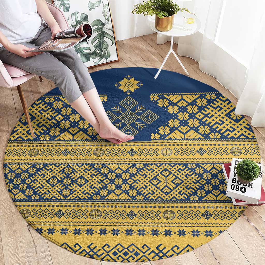 Latvia Jani Midsummer Round Carpet Blue Gold Latvijas Auseklis