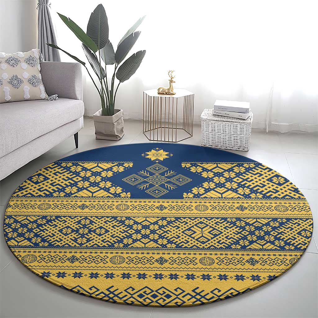 Latvia Jani Midsummer Round Carpet Blue Gold Latvijas Auseklis