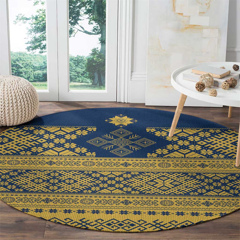 Latvia Jani Midsummer Round Carpet Blue Gold Latvijas Auseklis
